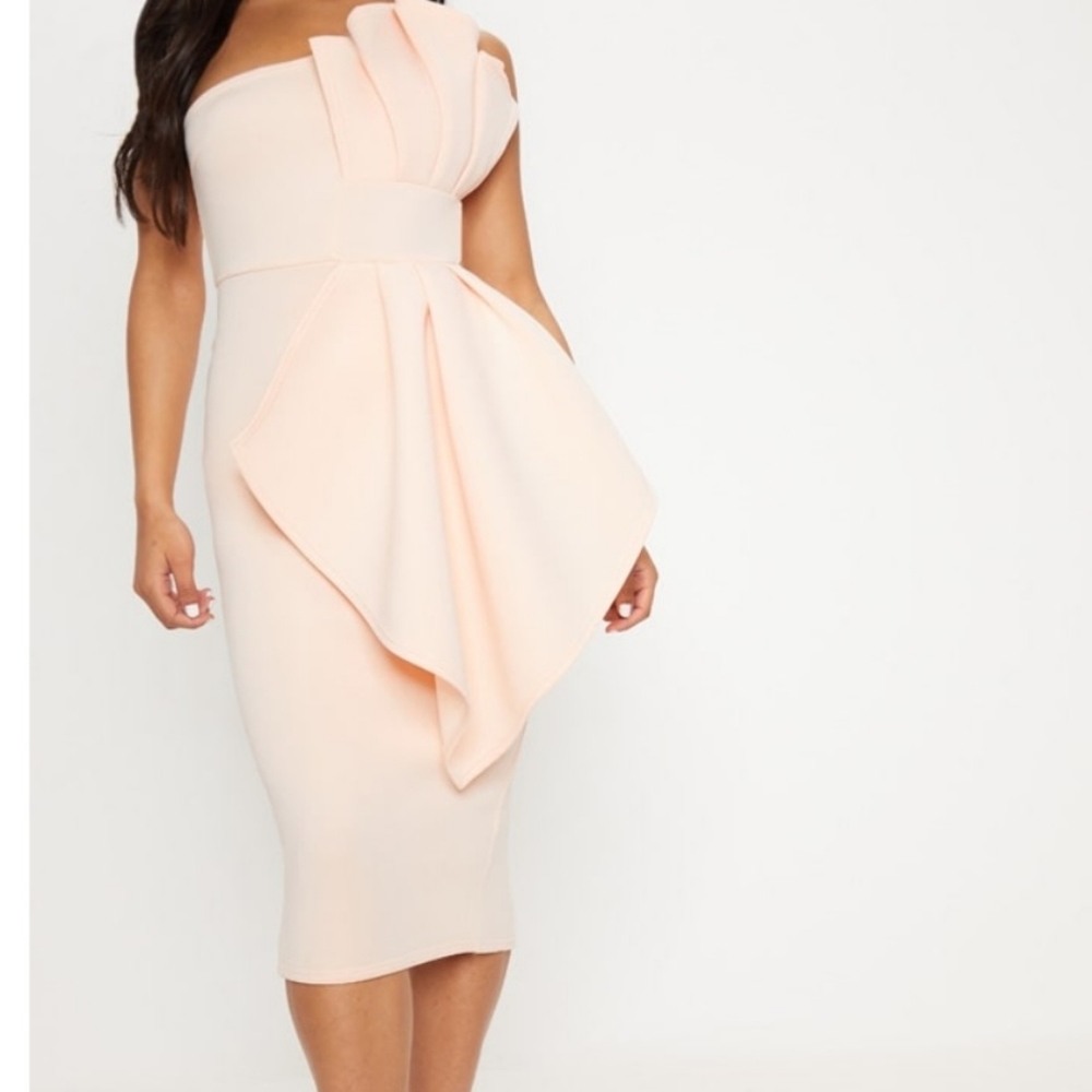Prettylittlething nude one shoulder pleated detail midi dress